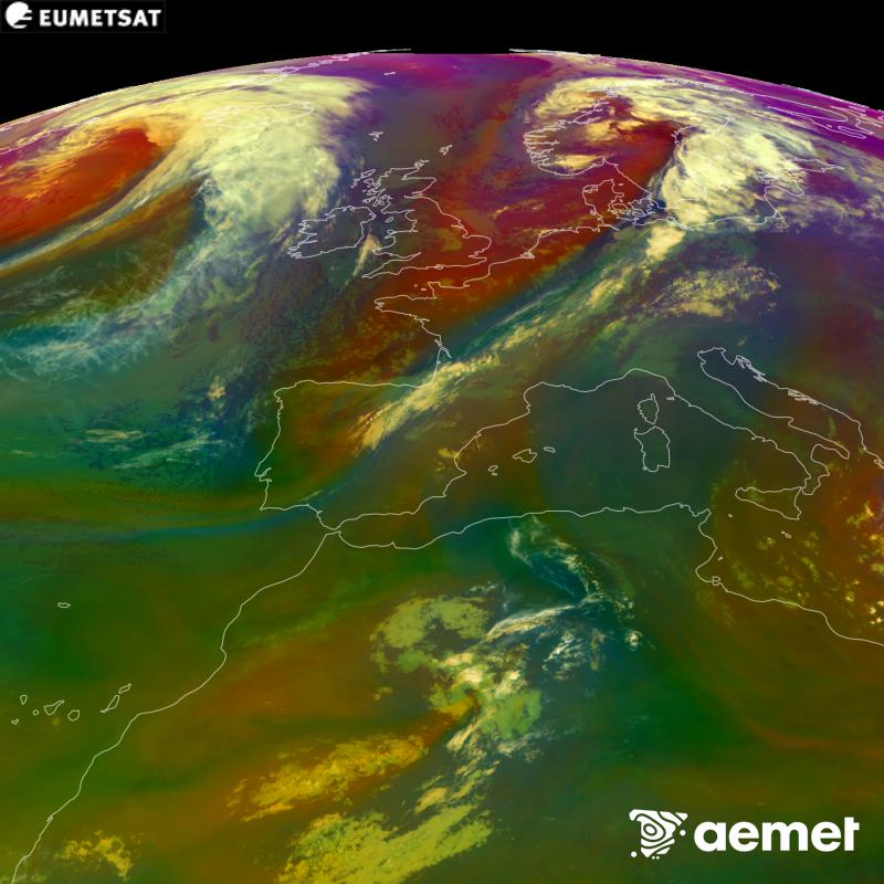 Aquesta imatge RGB es genera utilitzant informaci� de canals infrarojos i de vapor d'aigua del sat�l�lit METEOSAT-12, pertanyent a la tercera generaci� de sat�l�lits Meteosat (MTG). Ens dona una idea de les caracter�stiques de les masses d'aire. Les hores indicades es refereixen a la pen�nsula (una hora menys a les Illes Can�ries).&nbsp;dimecres, 16 de setembre  2026 09:00