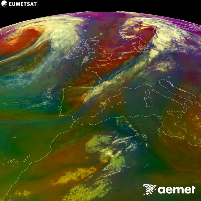 Aquesta imatge RGB es genera utilitzant informaci� de canals infrarojos i de vapor d'aigua del sat�l�lit METEOSAT-12, pertanyent a la tercera generaci� de sat�l�lits Meteosat (MTG). Ens dona una idea de les caracter�stiques de les masses d'aire. Les hores indicades es refereixen a la pen�nsula (una hora menys a les Illes Can�ries).&nbsp;dimecres, 16 de setembre  2026 10:00