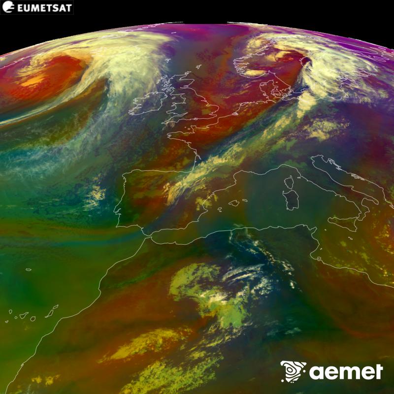 Aquesta imatge RGB es genera utilitzant informaci� de canals infrarojos i de vapor d'aigua del sat�l�lit METEOSAT-12, pertanyent a la tercera generaci� de sat�l�lits Meteosat (MTG). Ens dona una idea de les caracter�stiques de les masses d'aire. Les hores indicades es refereixen a la pen�nsula (una hora menys a les Illes Can�ries).&nbsp;dimecres, 16 de setembre  2026 11:00