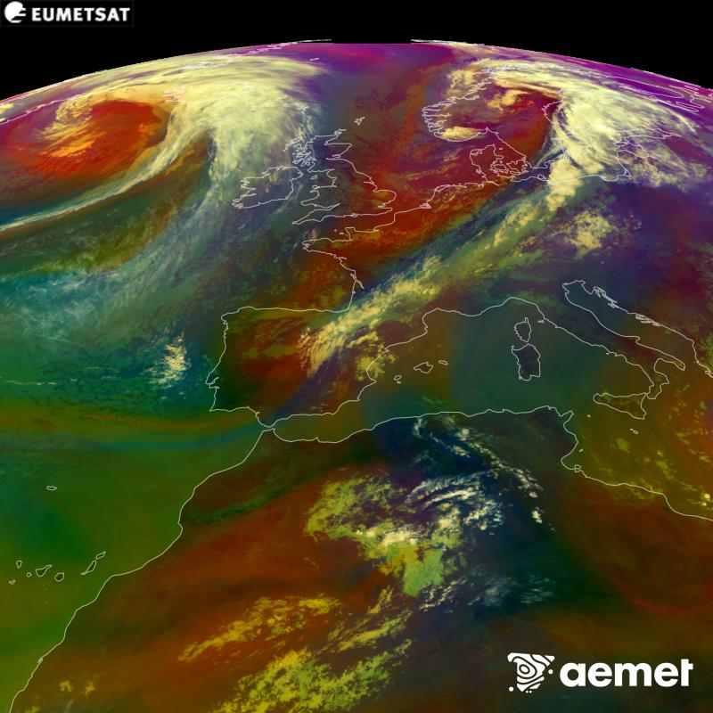 Aquesta imatge RGB es genera utilitzant informaci� de canals infrarojos i de vapor d'aigua del sat�l�lit METEOSAT-12, pertanyent a la tercera generaci� de sat�l�lits Meteosat (MTG). Ens dona una idea de les caracter�stiques de les masses d'aire. Les hores indicades es refereixen a la pen�nsula (una hora menys a les Illes Can�ries).&nbsp;dimecres, 16 de setembre  2026 12:00