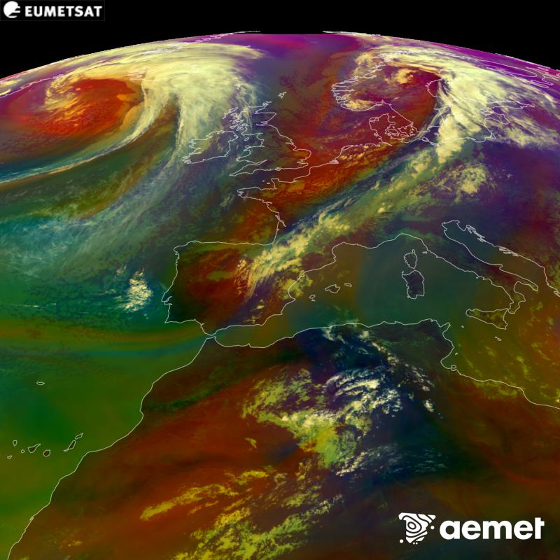 Aquesta imatge RGB es genera utilitzant informaci� de canals infrarojos i de vapor d'aigua del sat�l�lit METEOSAT-12, pertanyent a la tercera generaci� de sat�l�lits Meteosat (MTG). Ens dona una idea de les caracter�stiques de les masses d'aire. Les hores indicades es refereixen a la pen�nsula (una hora menys a les Illes Can�ries).&nbsp;dimecres, 16 de setembre  2026 13:00