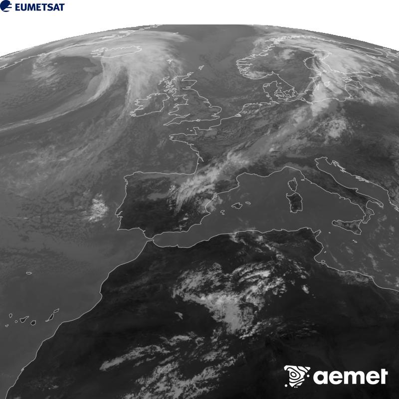 Aquesta imatge es genera utilitzant informaci� del canal Infraroig 10.5 �m del sat�l�lit METEOSAT-12, pertanyent a la tercera generaci� de sat�l�lits Meteosat (MTG). Perqu� la imatge s'assembli m�s a la percepci� de l'ull hum�, l'escala de grises est� invertida. Les hores indicades es refereixen a la pen�nsula (una hora menys a les Illes Can�ries).&nbsp;dimecres, 16 de setembre  2026 13:00