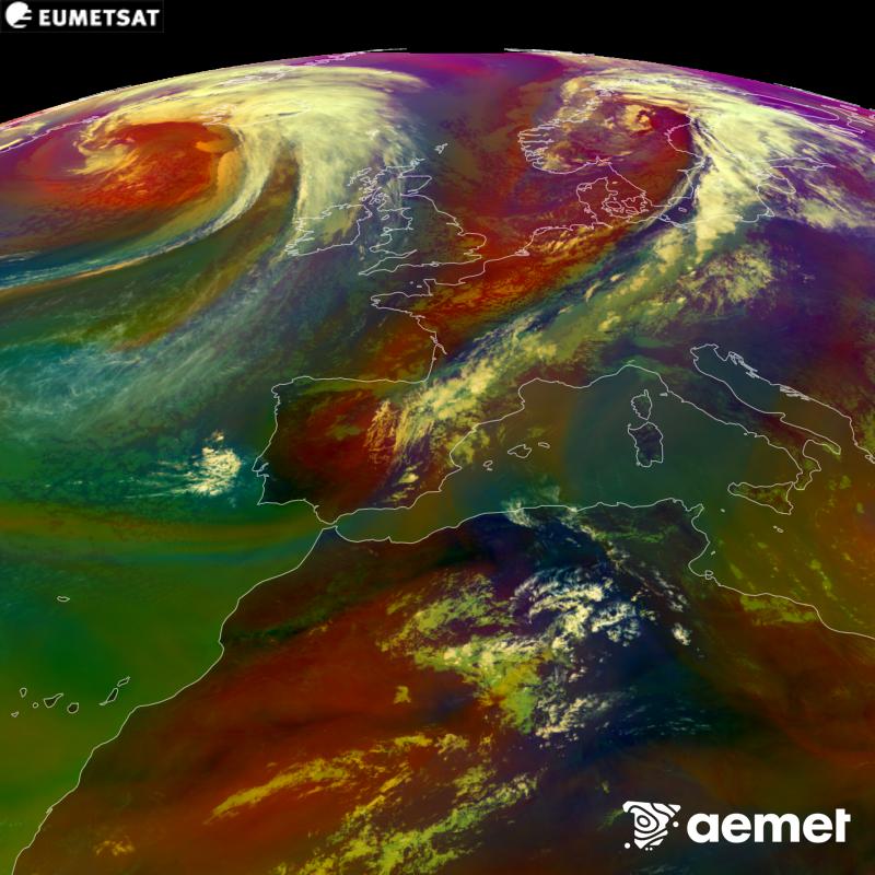 Aquesta imatge RGB es genera utilitzant informaci� de canals infrarojos i de vapor d'aigua del sat�l�lit METEOSAT-12, pertanyent a la tercera generaci� de sat�l�lits Meteosat (MTG). Ens dona una idea de les caracter�stiques de les masses d'aire. Les hores indicades es refereixen a la pen�nsula (una hora menys a les Illes Can�ries).&nbsp;dimecres, 16 de setembre  2026 14:00