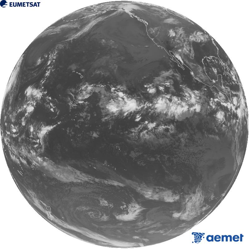 Imagen global del canal infrarrojo (longitud de onda 10.3 �m) del sat�lite estadounidense GOES-18. Las horas indicadas se refieren a la pen�nsula (una hora menos en las Islas Canarias).&nbsp;mi�rcoles, 16 septiembre 2026 a las 14:00