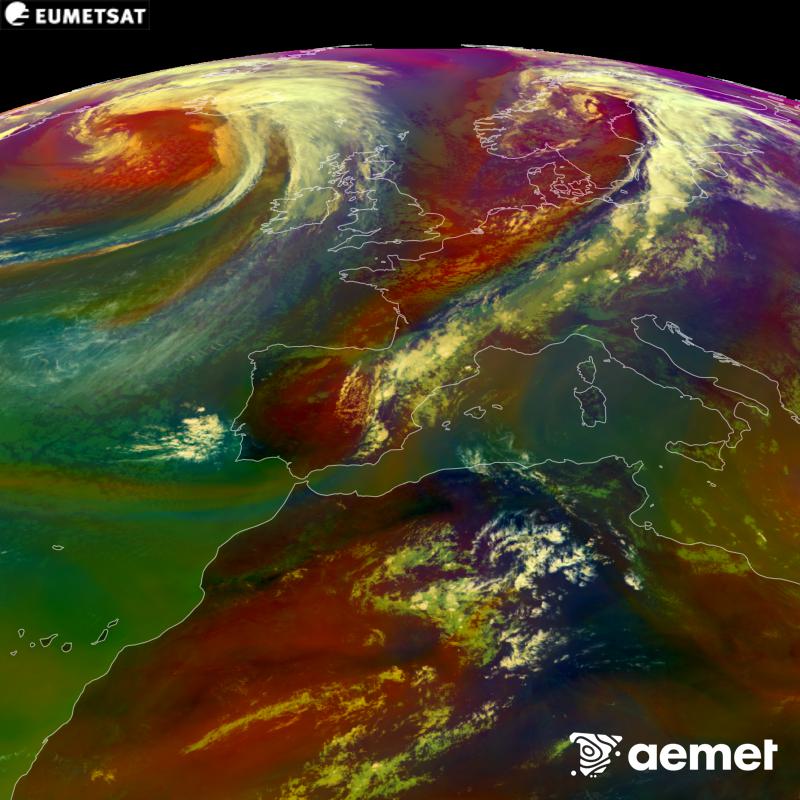 Aquesta imatge RGB es genera utilitzant informaci� de canals infrarojos i de vapor d'aigua del sat�l�lit METEOSAT-12, pertanyent a la tercera generaci� de sat�l�lits Meteosat (MTG). Ens dona una idea de les caracter�stiques de les masses d'aire. Les hores indicades es refereixen a la pen�nsula (una hora menys a les Illes Can�ries).&nbsp;dimecres, 16 de setembre  2026 15:00