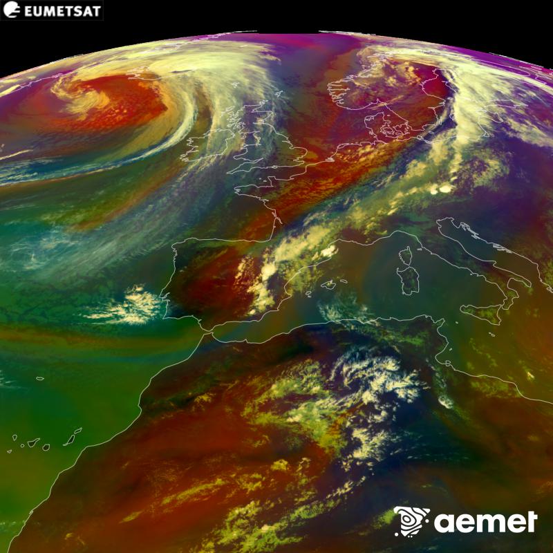Aquesta imatge RGB es genera utilitzant informaci� de canals infrarojos i de vapor d'aigua del sat�l�lit METEOSAT-12, pertanyent a la tercera generaci� de sat�l�lits Meteosat (MTG). Ens dona una idea de les caracter�stiques de les masses d'aire. Les hores indicades es refereixen a la pen�nsula (una hora menys a les Illes Can�ries).&nbsp;dimecres, 16 de setembre  2026 16:00