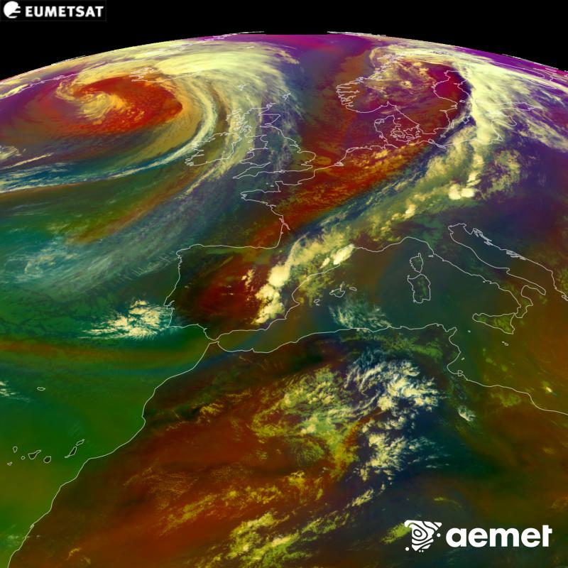 Aquesta imatge RGB es genera utilitzant informaci� de canals infrarojos i de vapor d'aigua del sat�l�lit METEOSAT-12, pertanyent a la tercera generaci� de sat�l�lits Meteosat (MTG). Ens dona una idea de les caracter�stiques de les masses d'aire. Les hores indicades es refereixen a la pen�nsula (una hora menys a les Illes Can�ries).&nbsp;dimecres, 16 de setembre  2026 17:00
