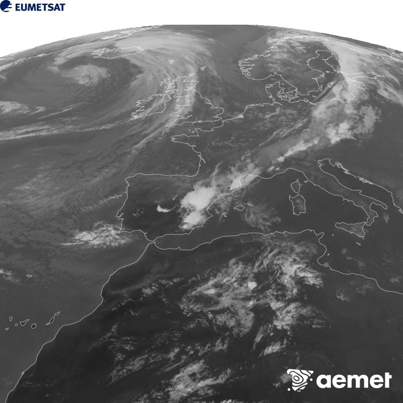 Aquesta imatge es genera utilitzant informaci� del canal Infraroig 10.5 �m del sat�l�lit METEOSAT-12, pertanyent a la tercera generaci� de sat�l�lits Meteosat (MTG). Perqu� la imatge s'assembli m�s a la percepci� de l'ull hum�, l'escala de grises est� invertida. Les hores indicades es refereixen a la pen�nsula (una hora menys a les Illes Can�ries).&nbsp;dimecres, 16 de setembre  2026 19:00