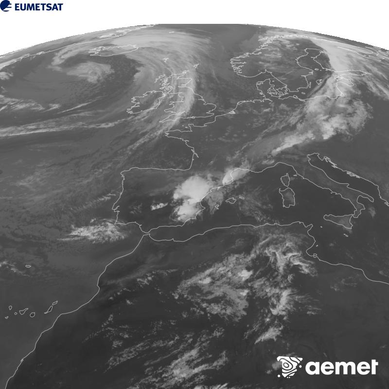 Aquesta imatge es genera utilitzant informaci� del canal Infraroig 10.5 �m del sat�l�lit METEOSAT-12, pertanyent a la tercera generaci� de sat�l�lits Meteosat (MTG). Perqu� la imatge s'assembli m�s a la percepci� de l'ull hum�, l'escala de grises est� invertida. Les hores indicades es refereixen a la pen�nsula (una hora menys a les Illes Can�ries).&nbsp;dimecres, 16 de setembre  2026 20:00