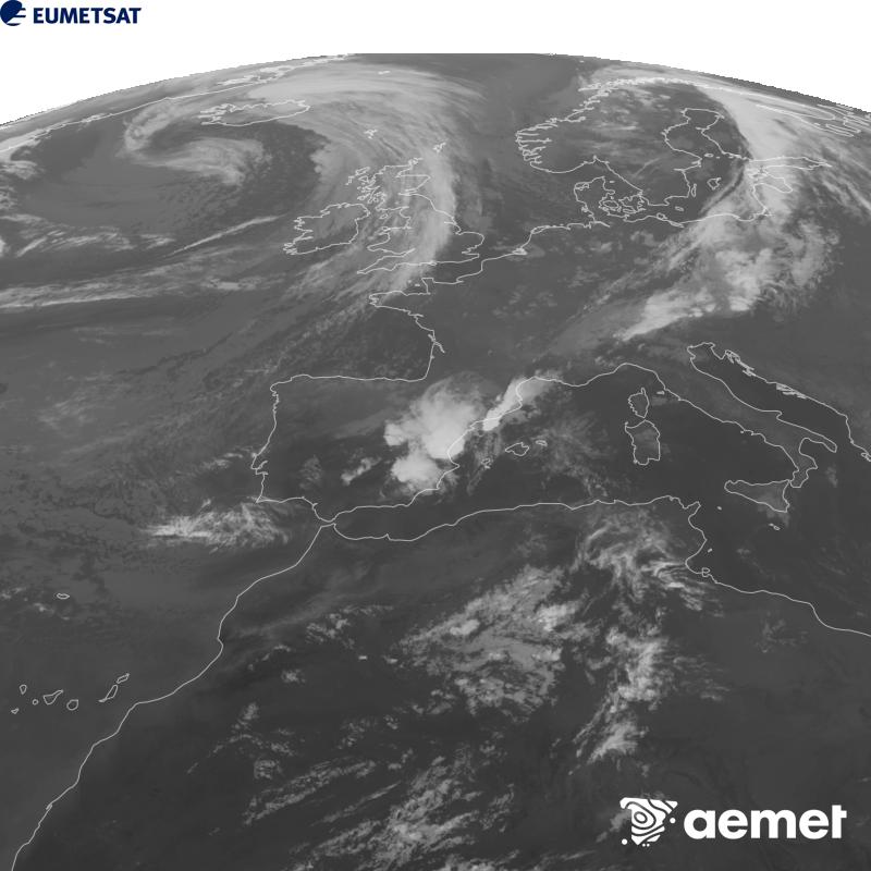 Aquesta imatge es genera utilitzant informaci� del canal Infraroig 10.5 �m del sat�l�lit METEOSAT-12, pertanyent a la tercera generaci� de sat�l�lits Meteosat (MTG). Perqu� la imatge s'assembli m�s a la percepci� de l'ull hum�, l'escala de grises est� invertida. Les hores indicades es refereixen a la pen�nsula (una hora menys a les Illes Can�ries).&nbsp;dimecres, 16 de setembre  2026 21:00