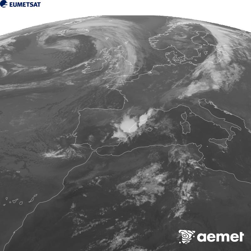 Aquesta imatge es genera utilitzant informaci� del canal Infraroig 10.5 �m del sat�l�lit METEOSAT-12, pertanyent a la tercera generaci� de sat�l�lits Meteosat (MTG). Perqu� la imatge s'assembli m�s a la percepci� de l'ull hum�, l'escala de grises est� invertida. Les hores indicades es refereixen a la pen�nsula (una hora menys a les Illes Can�ries).&nbsp;dimecres, 16 de setembre  2026 22:00