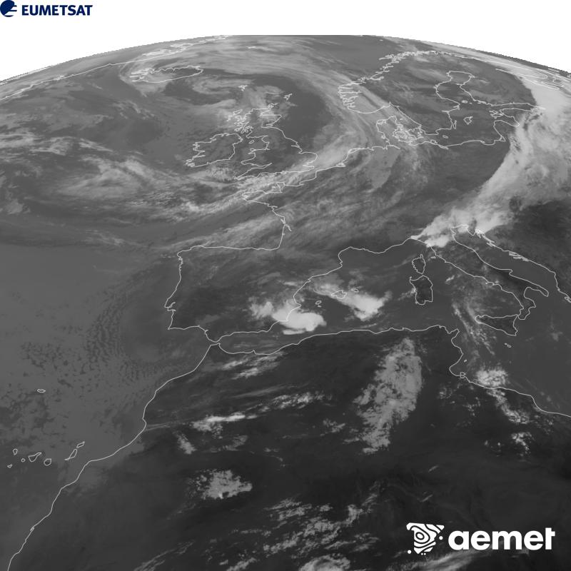 Esta imaxe x�rase utilizando informaci�n da canle Infravermella 10.5 �m do sat�lite METEOSAT-12, pertencente � terceira xeraci�n de sat�lites Meteosat (MTG). Para que a imaxe se asemelle m�is � percepci�n do ollo humano, a escala de grises est� investida. As horas indicadas ref�rense � pen�nsula (unha hora menos nas Illas Canarias).&nbsp;xoves, 17 setembro  2026 11:00