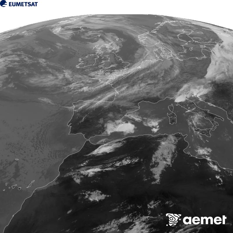 Esta imaxe x�rase utilizando informaci�n da canle Infravermella 10.5 �m do sat�lite METEOSAT-12, pertencente � terceira xeraci�n de sat�lites Meteosat (MTG). Para que a imaxe se asemelle m�is � percepci�n do ollo humano, a escala de grises est� investida. As horas indicadas ref�rense � pen�nsula (unha hora menos nas Illas Canarias).&nbsp;xoves, 17 setembro  2026 13:00