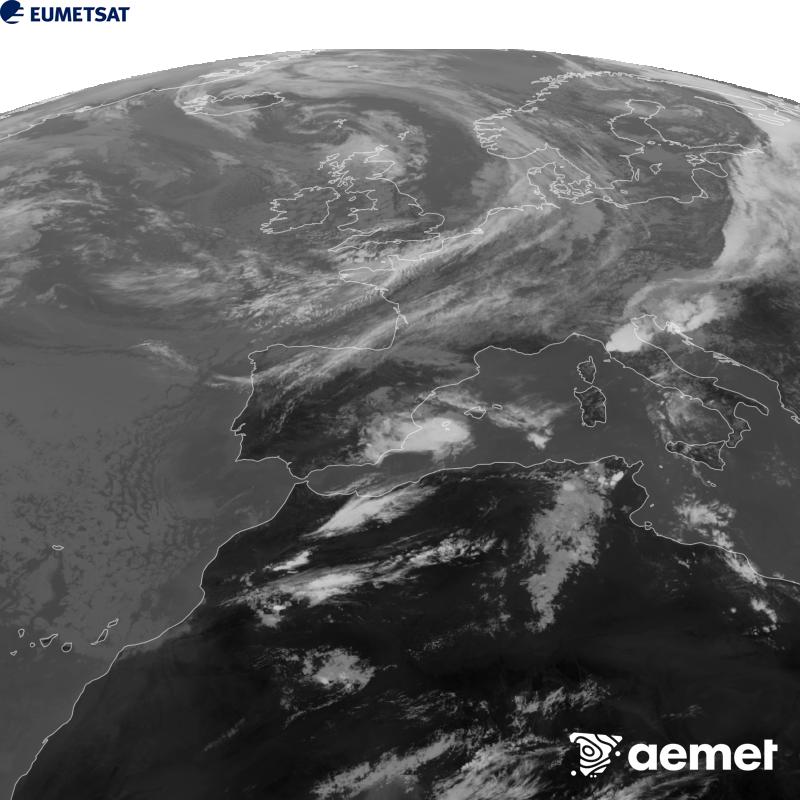 Esta imaxe x�rase utilizando informaci�n da canle Infravermella 10.5 �m do sat�lite METEOSAT-12, pertencente � terceira xeraci�n de sat�lites Meteosat (MTG). Para que a imaxe se asemelle m�is � percepci�n do ollo humano, a escala de grises est� investida. As horas indicadas ref�rense � pen�nsula (unha hora menos nas Illas Canarias).&nbsp;xoves, 17 setembro  2026 14:00