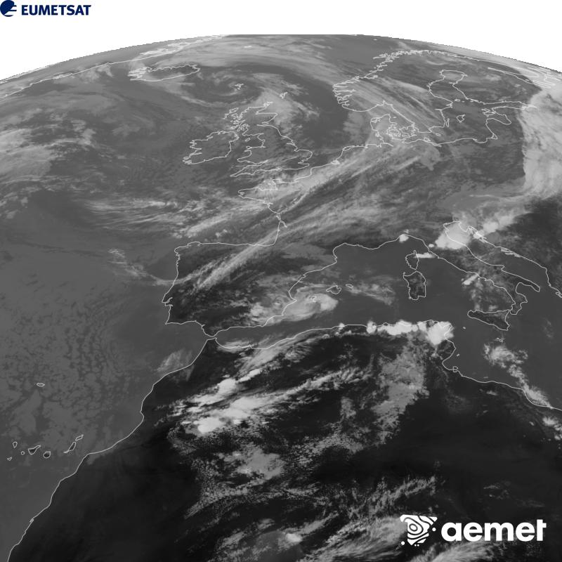 Esta imaxe x�rase utilizando informaci�n da canle Infravermella 10.5 �m do sat�lite METEOSAT-12, pertencente � terceira xeraci�n de sat�lites Meteosat (MTG). Para que a imaxe se asemelle m�is � percepci�n do ollo humano, a escala de grises est� investida. As horas indicadas ref�rense � pen�nsula (unha hora menos nas Illas Canarias).&nbsp;xoves, 17 setembro  2026 16:00