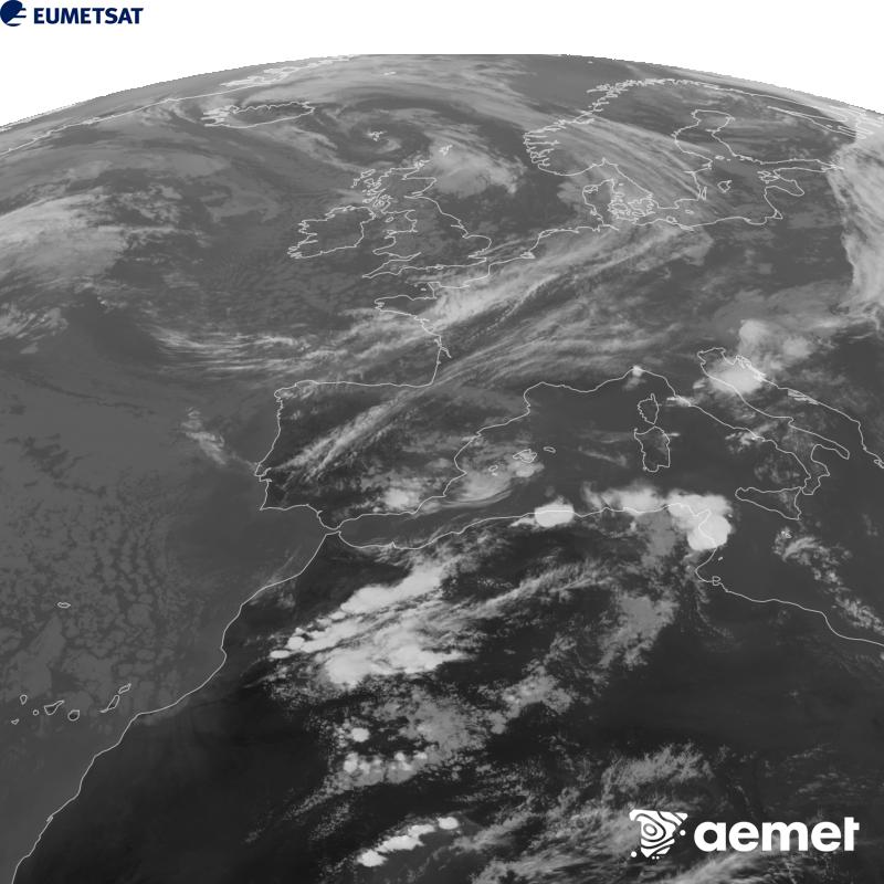 Esta imaxe x�rase utilizando informaci�n da canle Infravermella 10.5 �m do sat�lite METEOSAT-12, pertencente � terceira xeraci�n de sat�lites Meteosat (MTG). Para que a imaxe se asemelle m�is � percepci�n do ollo humano, a escala de grises est� investida. As horas indicadas ref�rense � pen�nsula (unha hora menos nas Illas Canarias).&nbsp;xoves, 17 setembro  2026 18:00