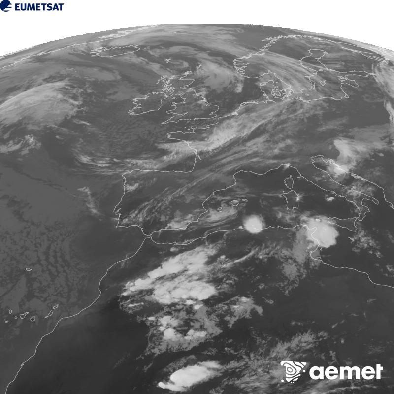 Esta imaxe x�rase utilizando informaci�n da canle Infravermella 10.5 �m do sat�lite METEOSAT-12, pertencente � terceira xeraci�n de sat�lites Meteosat (MTG). Para que a imaxe se asemelle m�is � percepci�n do ollo humano, a escala de grises est� investida. As horas indicadas ref�rense � pen�nsula (unha hora menos nas Illas Canarias).&nbsp;xoves, 17 setembro  2026 20:00