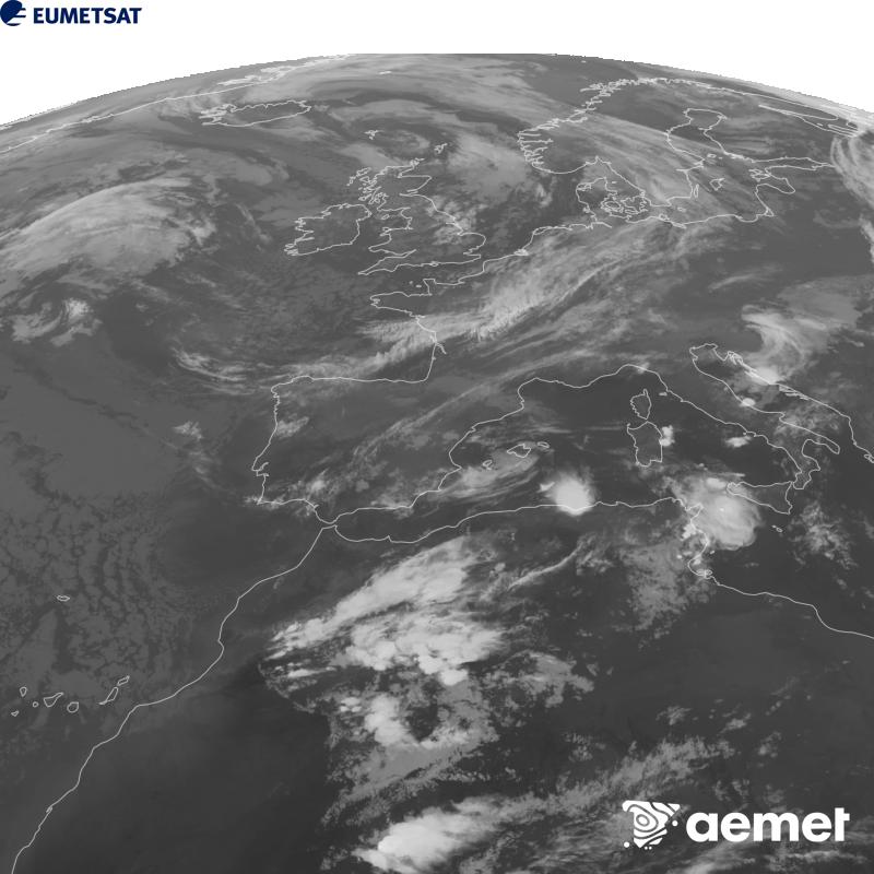 Esta imaxe x�rase utilizando informaci�n da canle Infravermella 10.5 �m do sat�lite METEOSAT-12, pertencente � terceira xeraci�n de sat�lites Meteosat (MTG). Para que a imaxe se asemelle m�is � percepci�n do ollo humano, a escala de grises est� investida. As horas indicadas ref�rense � pen�nsula (unha hora menos nas Illas Canarias).&nbsp;xoves, 17 setembro  2026 21:00