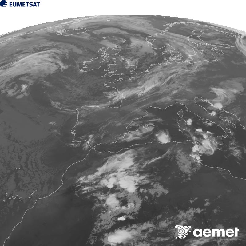 Esta imaxe x�rase utilizando informaci�n da canle Infravermella 10.5 �m do sat�lite METEOSAT-12, pertencente � terceira xeraci�n de sat�lites Meteosat (MTG). Para que a imaxe se asemelle m�is � percepci�n do ollo humano, a escala de grises est� investida. As horas indicadas ref�rense � pen�nsula (unha hora menos nas Illas Canarias).&nbsp;xoves, 17 setembro  2026 22:00