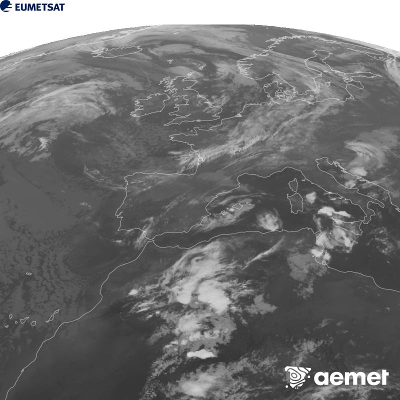 Esta imaxe x�rase utilizando informaci�n da canle Infravermella 10.5 �m do sat�lite METEOSAT-12, pertencente � terceira xeraci�n de sat�lites Meteosat (MTG). Para que a imaxe se asemelle m�is � percepci�n do ollo humano, a escala de grises est� investida. As horas indicadas ref�rense � pen�nsula (unha hora menos nas Illas Canarias).&nbsp;xoves, 17 setembro  2026 23:00