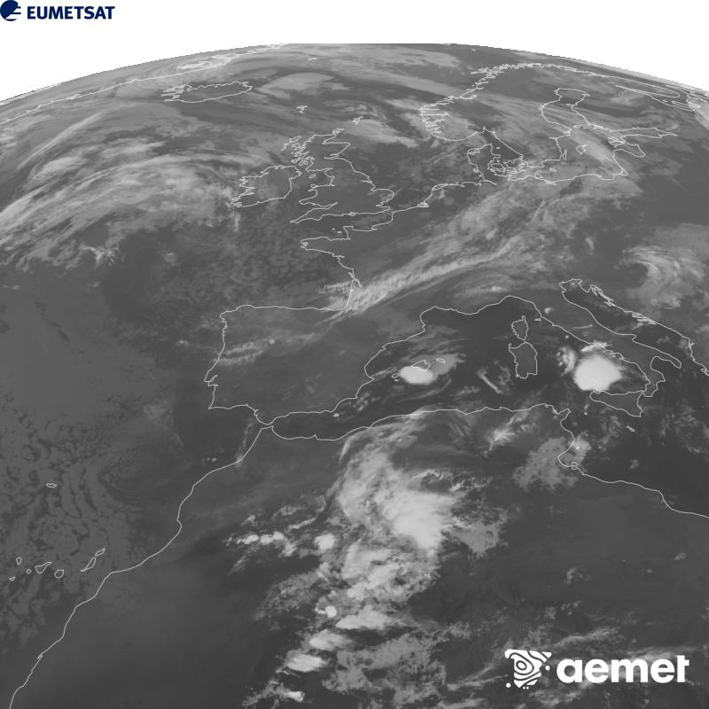 Esta imaxe x�rase utilizando informaci�n da canle Infravermella 10.5 �m do sat�lite METEOSAT-12, pertencente � terceira xeraci�n de sat�lites Meteosat (MTG). Para que a imaxe se asemelle m�is � percepci�n do ollo humano, a escala de grises est� investida. As horas indicadas ref�rense � pen�nsula (unha hora menos nas Illas Canarias).&nbsp;venres, 18 setembro  2026 02:00