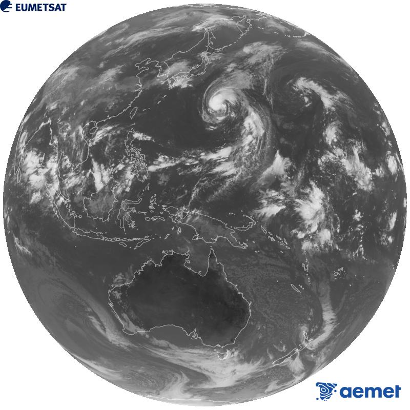 Imatge global del canal infraroig (longitud d'ona 10.4 �m) del sat�l�lit geoestacionari japon�s Himawari-9. Les hores indicades es refereixen a la pen�nsula (una hora menys a les Illes Can�ries).&nbsp;divendres, 18 de setembre  2026 02:00