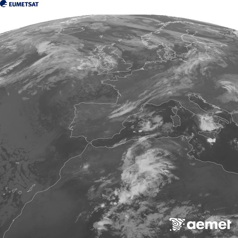 Esta imaxe x�rase utilizando informaci�n da canle Infravermella 10.5 �m do sat�lite METEOSAT-12, pertencente � terceira xeraci�n de sat�lites Meteosat (MTG). Para que a imaxe se asemelle m�is � percepci�n do ollo humano, a escala de grises est� investida. As horas indicadas ref�rense � pen�nsula (unha hora menos nas Illas Canarias).&nbsp;venres, 18 setembro  2026 06:00
