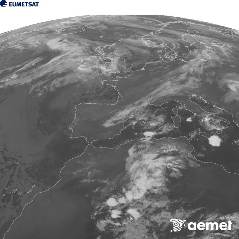 Esta imaxe x�rase utilizando informaci�n da canle Infravermella 10.5 �m do sat�lite METEOSAT-12, pertencente � terceira xeraci�n de sat�lites Meteosat (MTG). Para que a imaxe se asemelle m�is � percepci�n do ollo humano, a escala de grises est� investida. As horas indicadas ref�rense � pen�nsula (unha hora menos nas Illas Canarias).&nbsp;venres, 18 setembro  2026 08:00