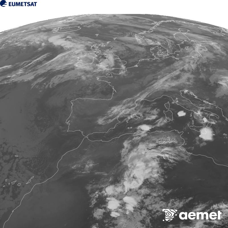 Esta imaxe x�rase utilizando informaci�n da canle Infravermella 10.5 �m do sat�lite METEOSAT-12, pertencente � terceira xeraci�n de sat�lites Meteosat (MTG). Para que a imaxe se asemelle m�is � percepci�n do ollo humano, a escala de grises est� investida. As horas indicadas ref�rense � pen�nsula (unha hora menos nas Illas Canarias).&nbsp;venres, 18 setembro  2026 09:00