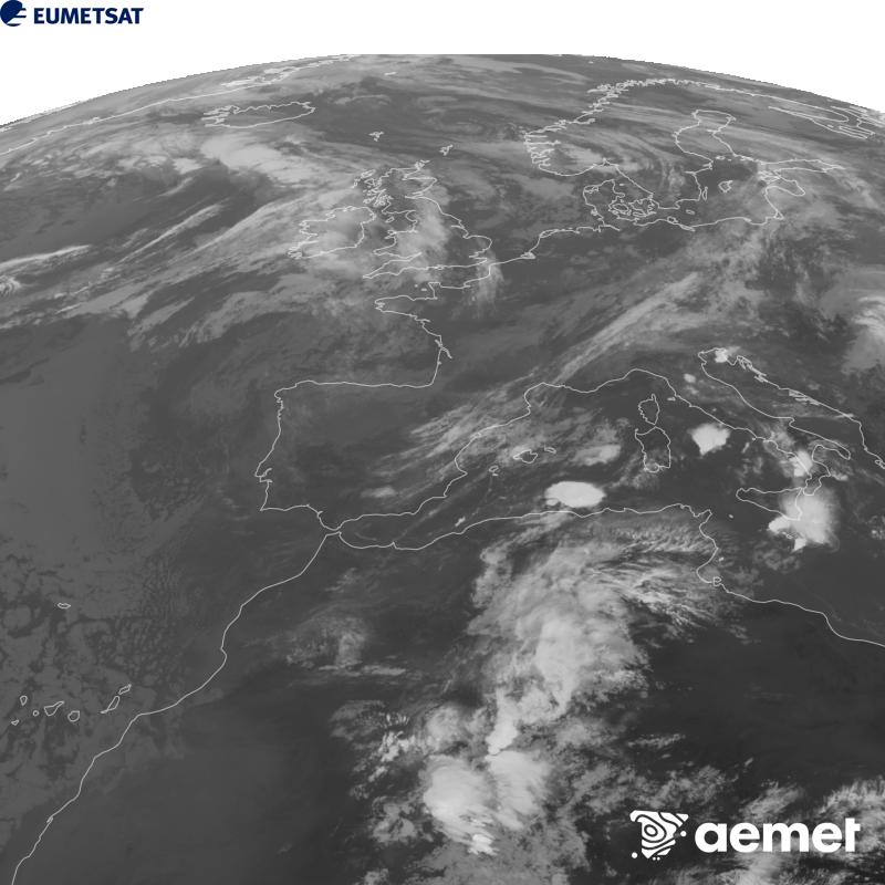 Esta imaxe x�rase utilizando informaci�n da canle Infravermella 10.5 �m do sat�lite METEOSAT-12, pertencente � terceira xeraci�n de sat�lites Meteosat (MTG). Para que a imaxe se asemelle m�is � percepci�n do ollo humano, a escala de grises est� investida. As horas indicadas ref�rense � pen�nsula (unha hora menos nas Illas Canarias).&nbsp;venres, 18 setembro  2026 10:00