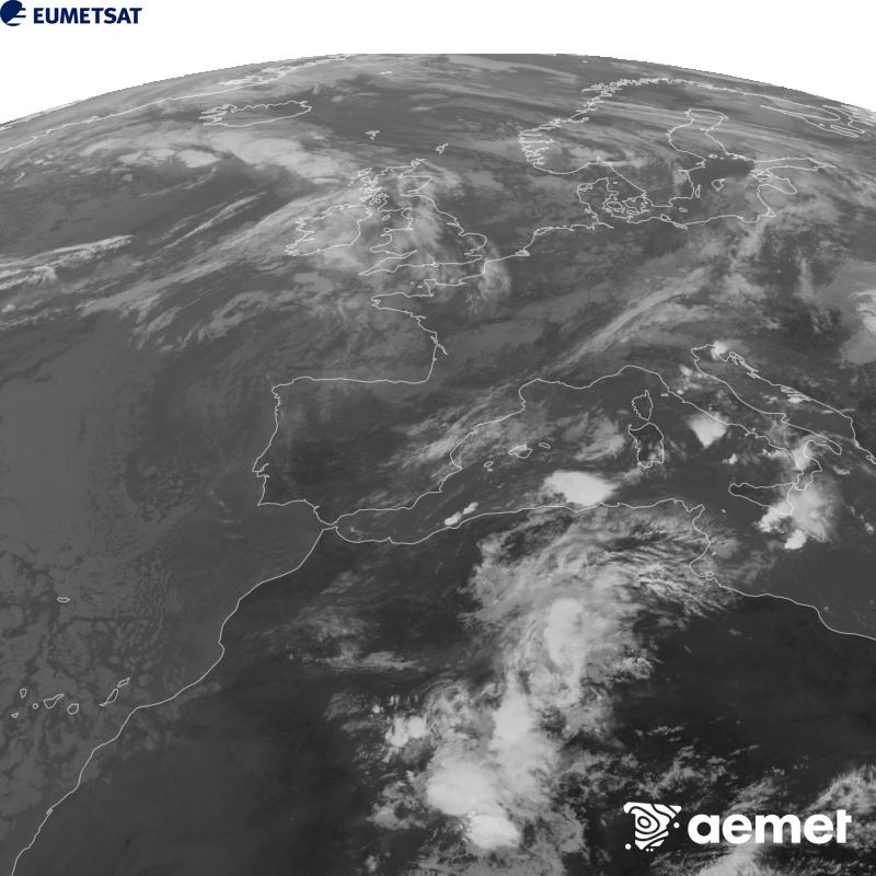 Esta imaxe x�rase utilizando informaci�n da canle Infravermella 10.5 �m do sat�lite METEOSAT-12, pertencente � terceira xeraci�n de sat�lites Meteosat (MTG). Para que a imaxe se asemelle m�is � percepci�n do ollo humano, a escala de grises est� investida. As horas indicadas ref�rense � pen�nsula (unha hora menos nas Illas Canarias).&nbsp;venres, 18 setembro  2026 11:00