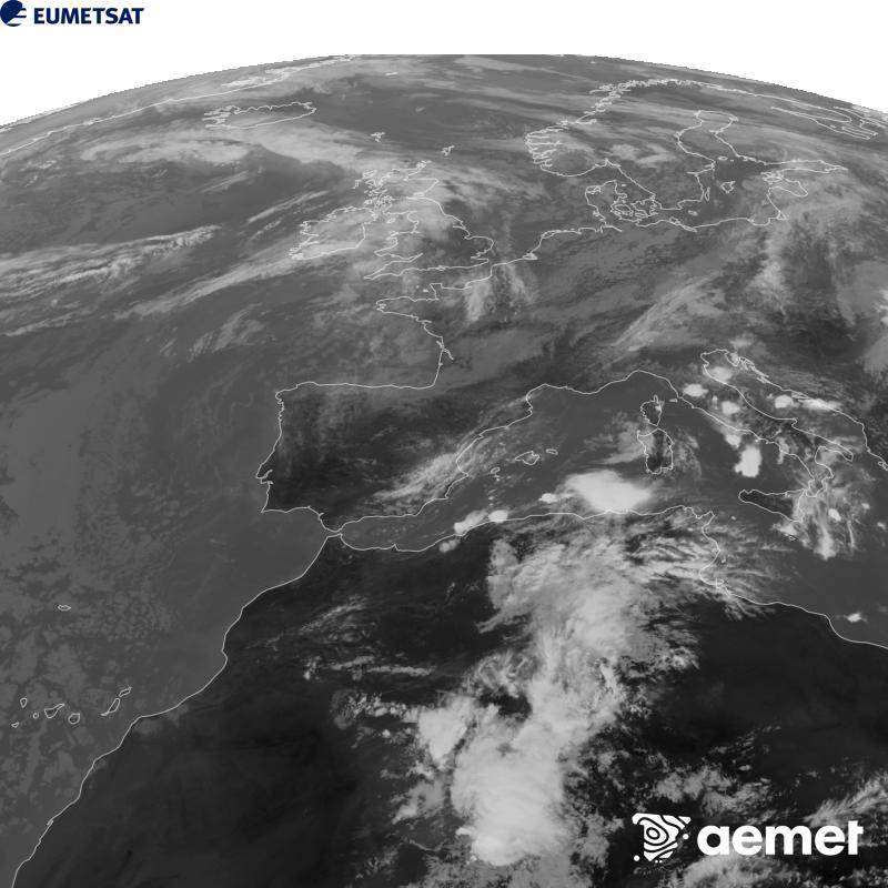 Esta imaxe x�rase utilizando informaci�n da canle Infravermella 10.5 �m do sat�lite METEOSAT-12, pertencente � terceira xeraci�n de sat�lites Meteosat (MTG). Para que a imaxe se asemelle m�is � percepci�n do ollo humano, a escala de grises est� investida. As horas indicadas ref�rense � pen�nsula (unha hora menos nas Illas Canarias).&nbsp;venres, 18 setembro  2026 13:00