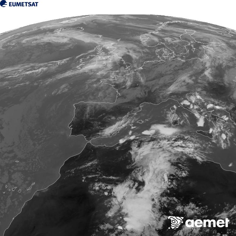 Esta imaxe x�rase utilizando informaci�n da canle Infravermella 10.5 �m do sat�lite METEOSAT-12, pertencente � terceira xeraci�n de sat�lites Meteosat (MTG). Para que a imaxe se asemelle m�is � percepci�n do ollo humano, a escala de grises est� investida. As horas indicadas ref�rense � pen�nsula (unha hora menos nas Illas Canarias).&nbsp;venres, 18 setembro  2026 14:00
