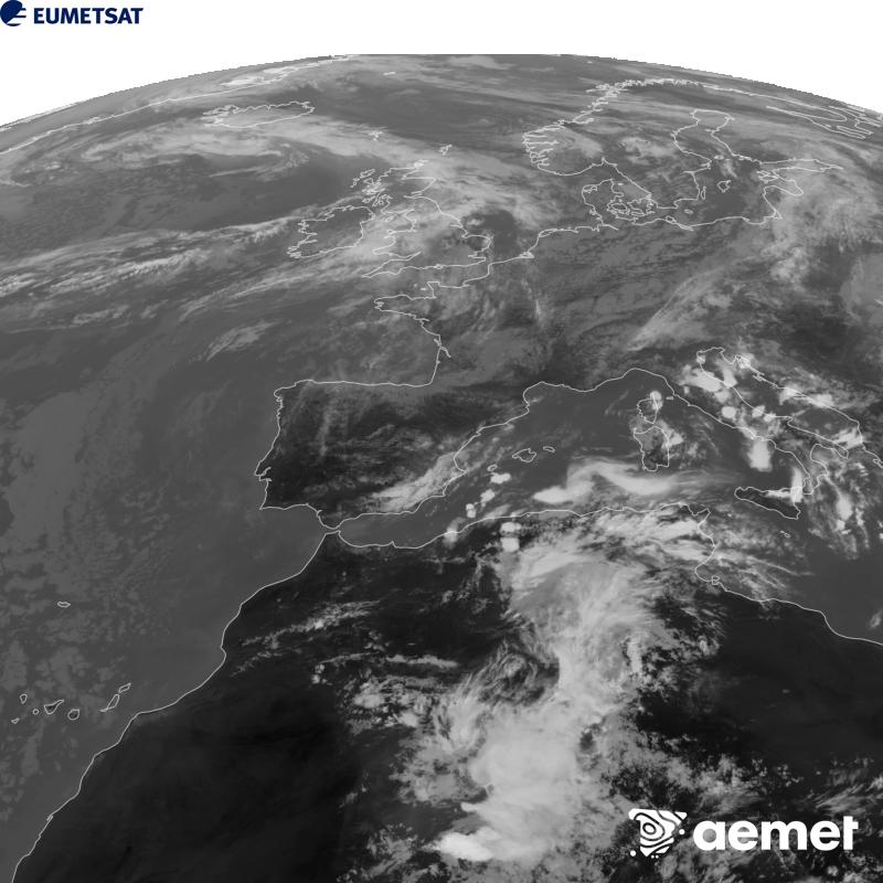 Esta imaxe x�rase utilizando informaci�n da canle Infravermella 10.5 �m do sat�lite METEOSAT-12, pertencente � terceira xeraci�n de sat�lites Meteosat (MTG). Para que a imaxe se asemelle m�is � percepci�n do ollo humano, a escala de grises est� investida. As horas indicadas ref�rense � pen�nsula (unha hora menos nas Illas Canarias).&nbsp;venres, 18 setembro  2026 15:00