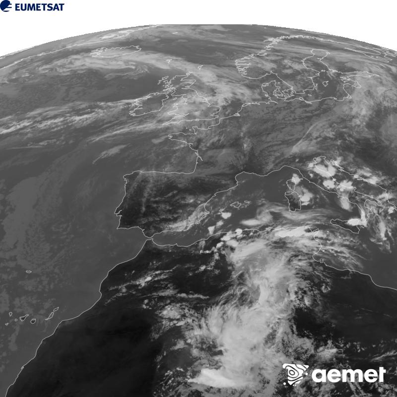 Esta imaxe x�rase utilizando informaci�n da canle Infravermella 10.5 �m do sat�lite METEOSAT-12, pertencente � terceira xeraci�n de sat�lites Meteosat (MTG). Para que a imaxe se asemelle m�is � percepci�n do ollo humano, a escala de grises est� investida. As horas indicadas ref�rense � pen�nsula (unha hora menos nas Illas Canarias).&nbsp;venres, 18 setembro  2026 16:00