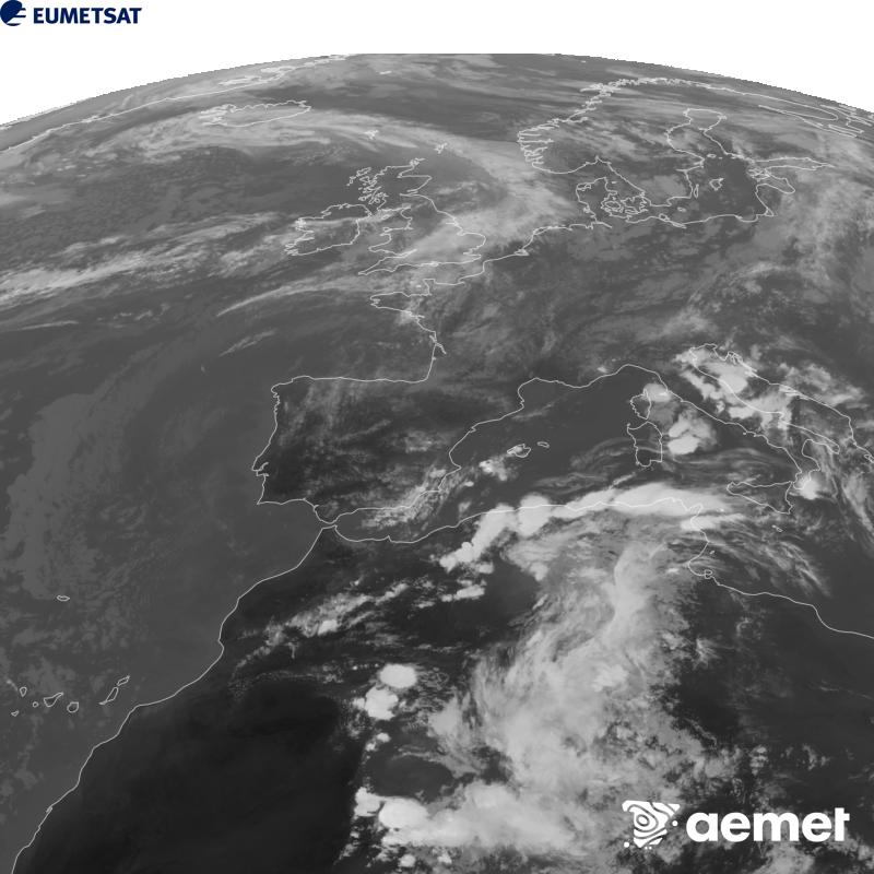 Esta imaxe x�rase utilizando informaci�n da canle Infravermella 10.5 �m do sat�lite METEOSAT-12, pertencente � terceira xeraci�n de sat�lites Meteosat (MTG). Para que a imaxe se asemelle m�is � percepci�n do ollo humano, a escala de grises est� investida. As horas indicadas ref�rense � pen�nsula (unha hora menos nas Illas Canarias).&nbsp;venres, 18 setembro  2026 18:00