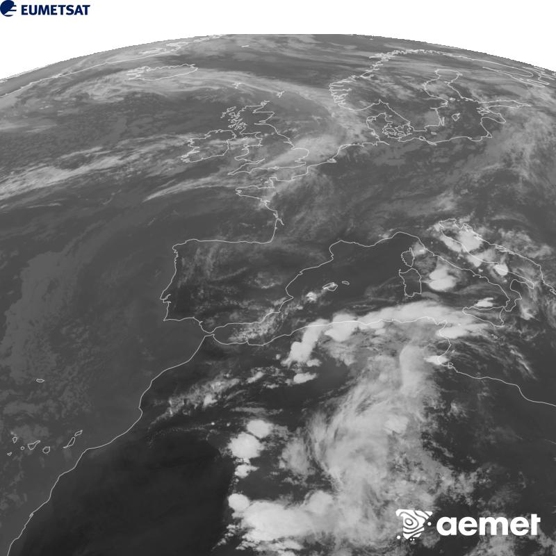 Esta imaxe x�rase utilizando informaci�n da canle Infravermella 10.5 �m do sat�lite METEOSAT-12, pertencente � terceira xeraci�n de sat�lites Meteosat (MTG). Para que a imaxe se asemelle m�is � percepci�n do ollo humano, a escala de grises est� investida. As horas indicadas ref�rense � pen�nsula (unha hora menos nas Illas Canarias).&nbsp;venres, 18 setembro  2026 19:00