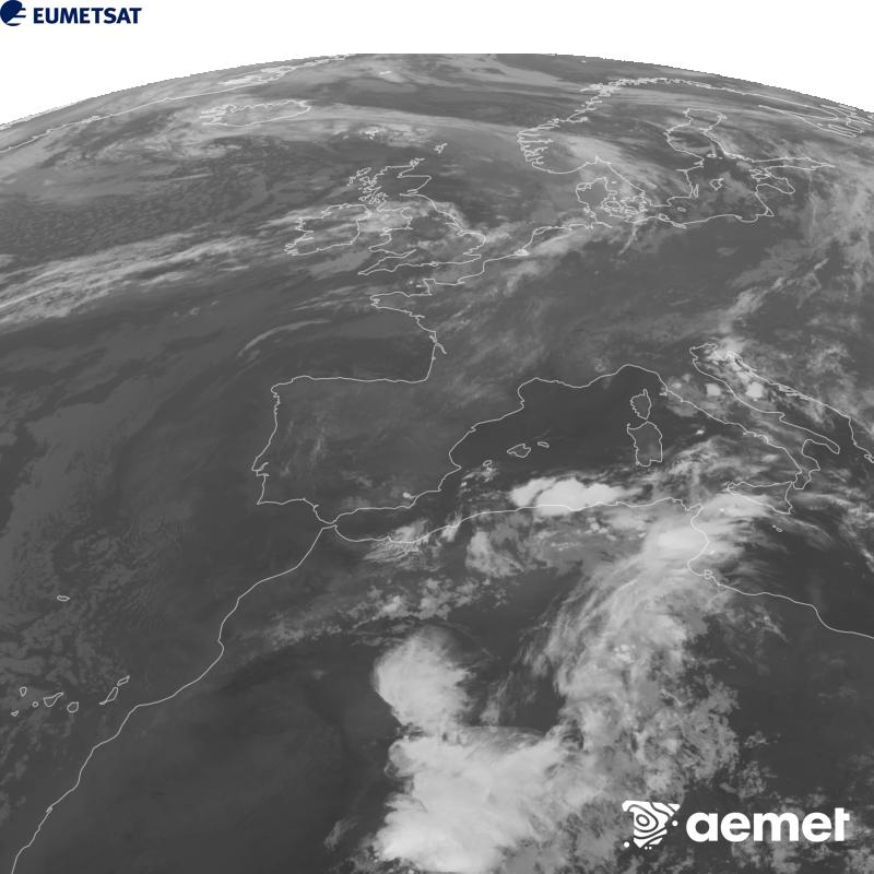 Esta imaxe x�rase utilizando informaci�n da canle Infravermella 10.5 �m do sat�lite METEOSAT-12, pertencente � terceira xeraci�n de sat�lites Meteosat (MTG). Para que a imaxe se asemelle m�is � percepci�n do ollo humano, a escala de grises est� investida. As horas indicadas ref�rense � pen�nsula (unha hora menos nas Illas Canarias).&nbsp;venres, 18 setembro  2026 23:00