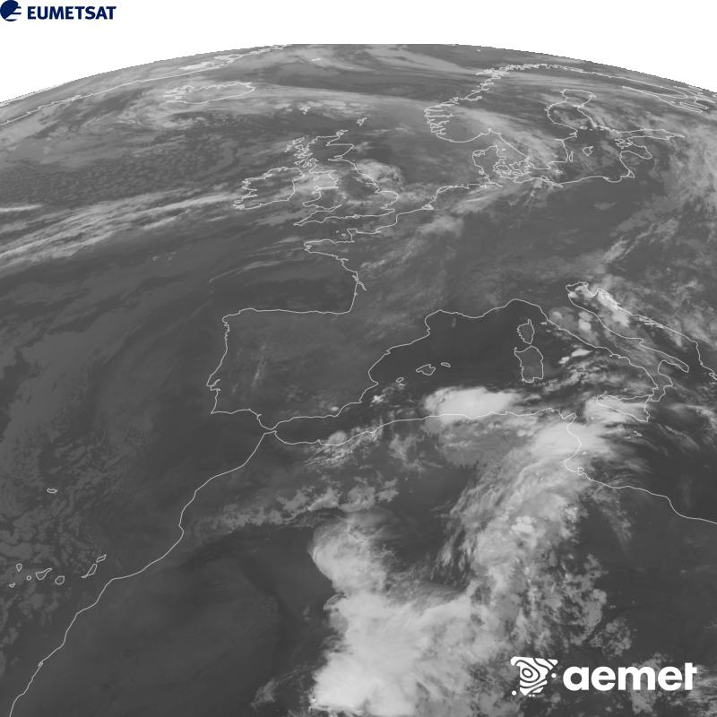 Esta imaxe x�rase utilizando informaci�n da canle Infravermella 10.5 �m do sat�lite METEOSAT-12, pertencente � terceira xeraci�n de sat�lites Meteosat (MTG). Para que a imaxe se asemelle m�is � percepci�n do ollo humano, a escala de grises est� investida. As horas indicadas ref�rense � pen�nsula (unha hora menos nas Illas Canarias).&nbsp;s�bado , 19 setembro  2026 00:00