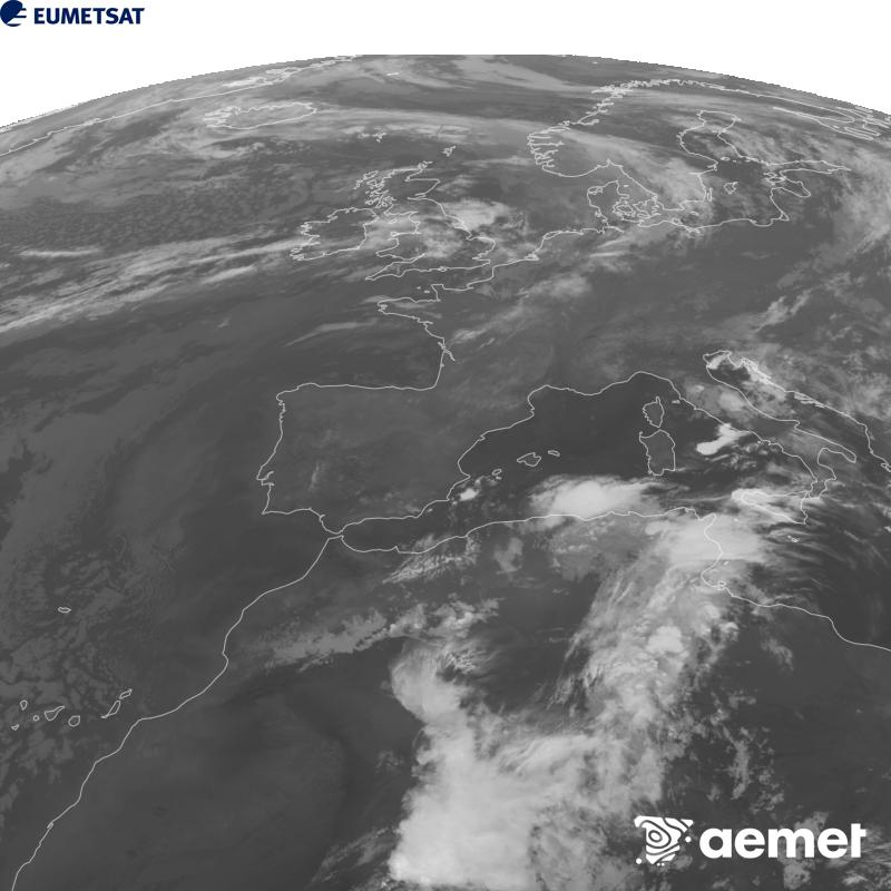 Esta imaxe x�rase utilizando informaci�n da canle Infravermella 10.5 �m do sat�lite METEOSAT-12, pertencente � terceira xeraci�n de sat�lites Meteosat (MTG). Para que a imaxe se asemelle m�is � percepci�n do ollo humano, a escala de grises est� investida. As horas indicadas ref�rense � pen�nsula (unha hora menos nas Illas Canarias).&nbsp;s�bado , 19 setembro  2026 01:00