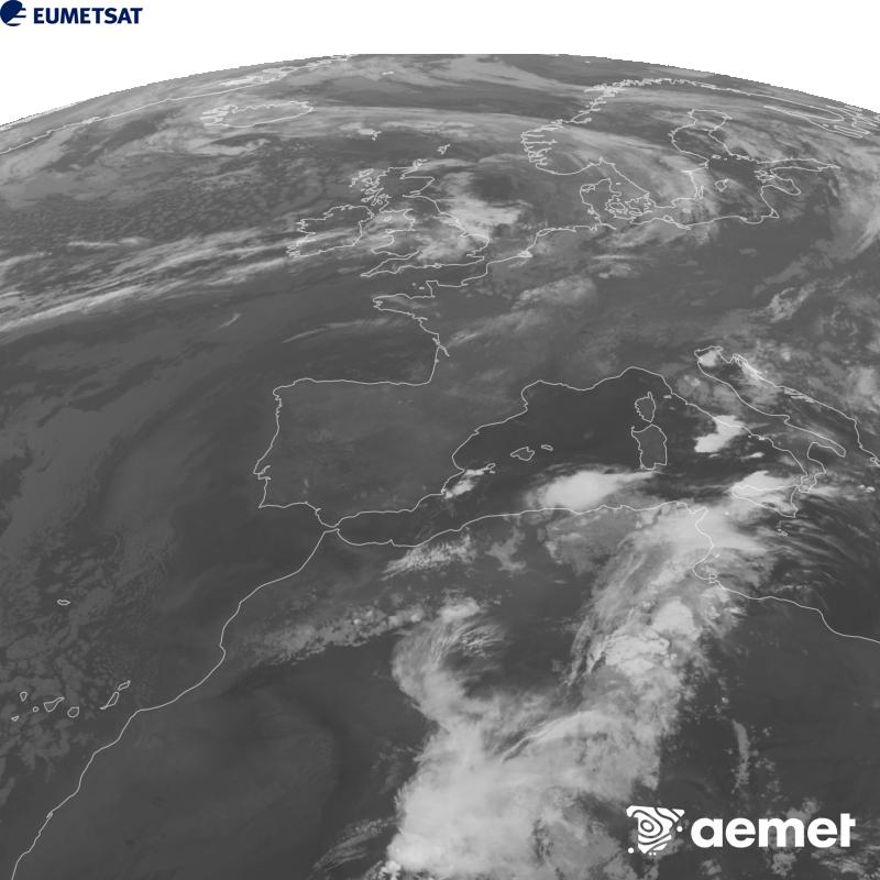 Esta imaxe x�rase utilizando informaci�n da canle Infravermella 10.5 �m do sat�lite METEOSAT-12, pertencente � terceira xeraci�n de sat�lites Meteosat (MTG). Para que a imaxe se asemelle m�is � percepci�n do ollo humano, a escala de grises est� investida. As horas indicadas ref�rense � pen�nsula (unha hora menos nas Illas Canarias).&nbsp;s�bado , 19 setembro  2026 02:00