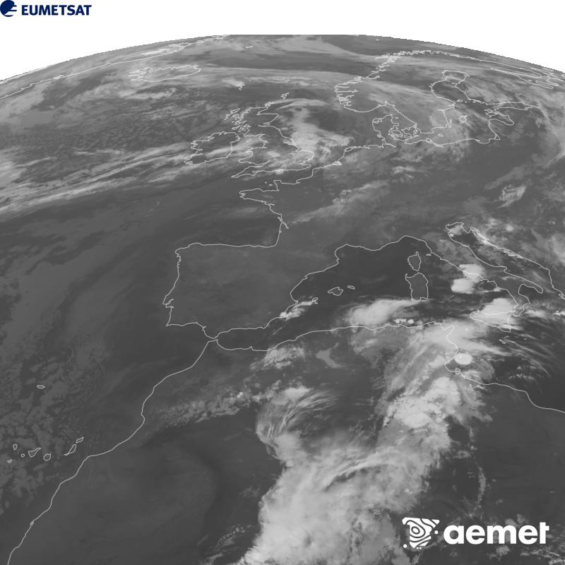 Esta imaxe x�rase utilizando informaci�n da canle Infravermella 10.5 �m do sat�lite METEOSAT-12, pertencente � terceira xeraci�n de sat�lites Meteosat (MTG). Para que a imaxe se asemelle m�is � percepci�n do ollo humano, a escala de grises est� investida. As horas indicadas ref�rense � pen�nsula (unha hora menos nas Illas Canarias).&nbsp;s�bado , 19 setembro  2026 03:00