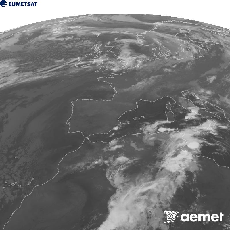 Esta imaxe x�rase utilizando informaci�n da canle Infravermella 10.5 �m do sat�lite METEOSAT-12, pertencente � terceira xeraci�n de sat�lites Meteosat (MTG). Para que a imaxe se asemelle m�is � percepci�n do ollo humano, a escala de grises est� investida. As horas indicadas ref�rense � pen�nsula (unha hora menos nas Illas Canarias).&nbsp;s�bado , 19 setembro  2026 04:00