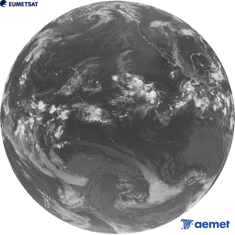 Imagen global del canal infrarrojo (longitud de onda 10.3 �m) del sat�lite estadounidense GOES-18. Las horas indicadas se refieren a la pen�nsula (una hora menos en las Islas Canarias).&nbsp;s�bado, 19 septiembre 2026 a las 14:00