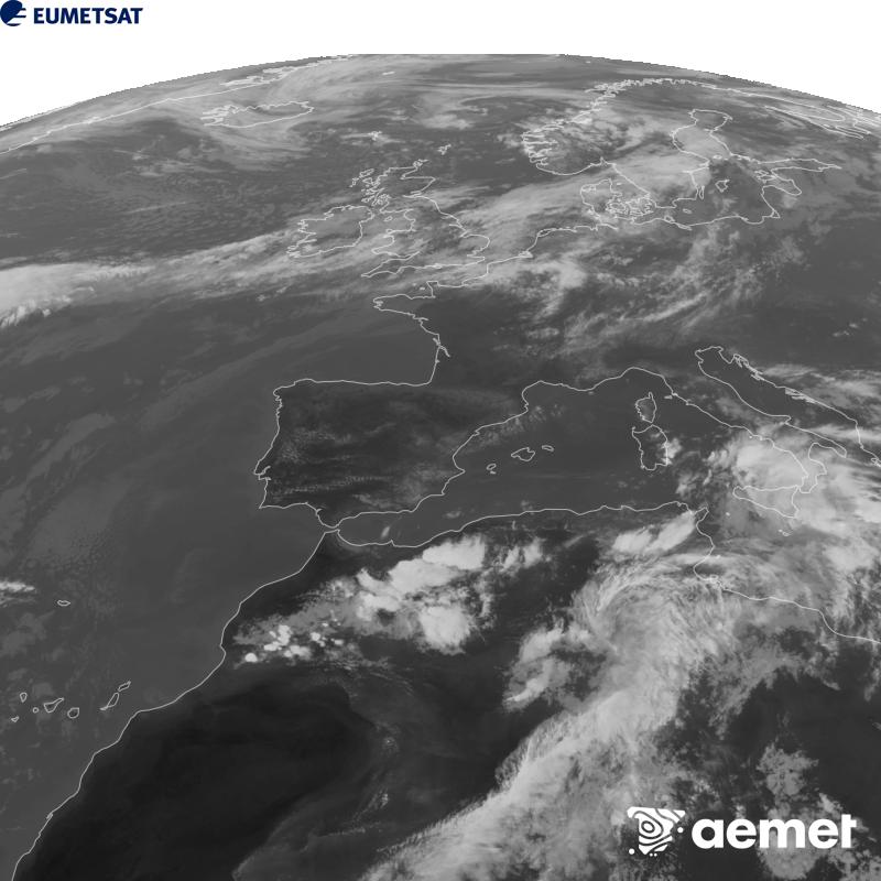Esta imagen se genera utilizando informaci�n del canal Infrarrojo 10.5 �m del sat�lite METEOSAT-12, perteneciente a la tercera generaci�n de sat�lites Meteosat (MTG). Para que la imagen se asemeje m�s a la percepci�n del ojo humano, la escala de grises est� invertida. Las horas indicadas se refieren a la pen�nsula (una hora menos en las Islas Canarias).&nbsp;s�bado, 19 septiembre 2026 a las 18:00