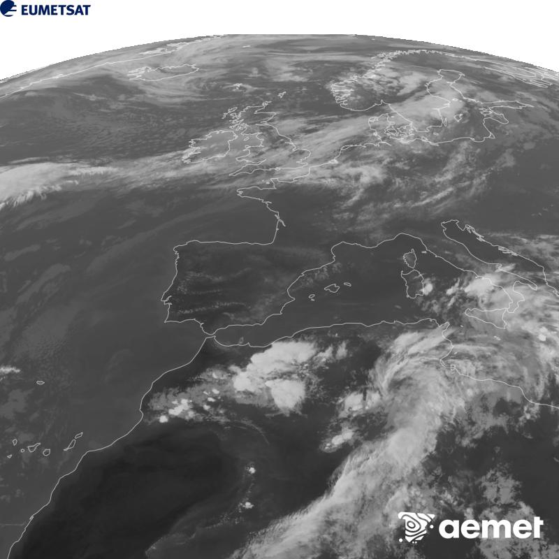 Esta imagen se genera utilizando informaci�n del canal Infrarrojo 10.5 �m del sat�lite METEOSAT-12, perteneciente a la tercera generaci�n de sat�lites Meteosat (MTG). Para que la imagen se asemeje m�s a la percepci�n del ojo humano, la escala de grises est� invertida. Las horas indicadas se refieren a la pen�nsula (una hora menos en las Islas Canarias).&nbsp;s�bado, 19 septiembre 2026 a las 19:00