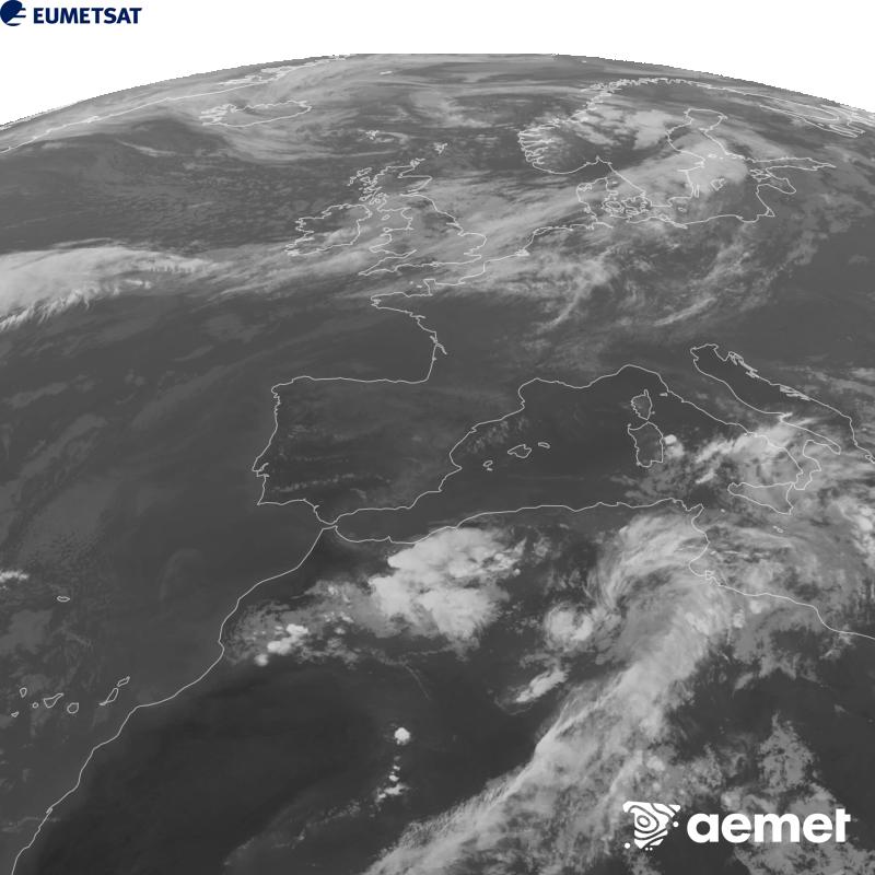 Esta imagen se genera utilizando informaci�n del canal Infrarrojo 10.5 �m del sat�lite METEOSAT-12, perteneciente a la tercera generaci�n de sat�lites Meteosat (MTG). Para que la imagen se asemeje m�s a la percepci�n del ojo humano, la escala de grises est� invertida. Las horas indicadas se refieren a la pen�nsula (una hora menos en las Islas Canarias).&nbsp;s�bado, 19 septiembre 2026 a las 20:00
