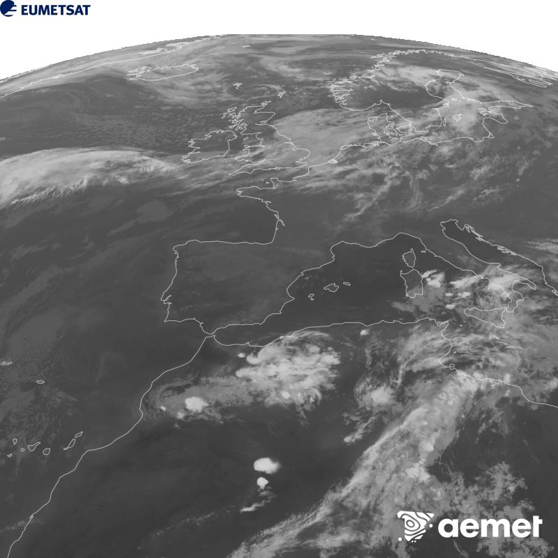 Esta imagen se genera utilizando informaci�n del canal Infrarrojo 10.5 �m del sat�lite METEOSAT-12, perteneciente a la tercera generaci�n de sat�lites Meteosat (MTG). Para que la imagen se asemeje m�s a la percepci�n del ojo humano, la escala de grises est� invertida. Las horas indicadas se refieren a la pen�nsula (una hora menos en las Islas Canarias).&nbsp;s�bado, 19 septiembre 2026 a las 22:00