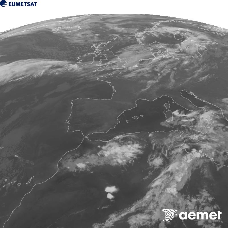 Esta imagen se genera utilizando informaci�n del canal Infrarrojo 10.5 �m del sat�lite METEOSAT-12, perteneciente a la tercera generaci�n de sat�lites Meteosat (MTG). Para que la imagen se asemeje m�s a la percepci�n del ojo humano, la escala de grises est� invertida. Las horas indicadas se refieren a la pen�nsula (una hora menos en las Islas Canarias).&nbsp;s�bado, 19 septiembre 2026 a las 23:00