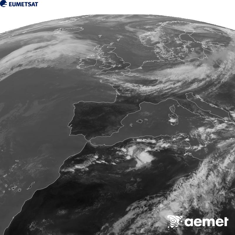 Esta imagen se genera utilizando informaci�n del canal Infrarrojo 10.5 �m del sat�lite METEOSAT-12, perteneciente a la tercera generaci�n de sat�lites Meteosat (MTG). Para que la imagen se asemeje m�s a la percepci�n del ojo humano, la escala de grises est� invertida. Las horas indicadas se refieren a la pen�nsula (una hora menos en las Islas Canarias).&nbsp;domingo, 20 septiembre 2026 a las 16:00